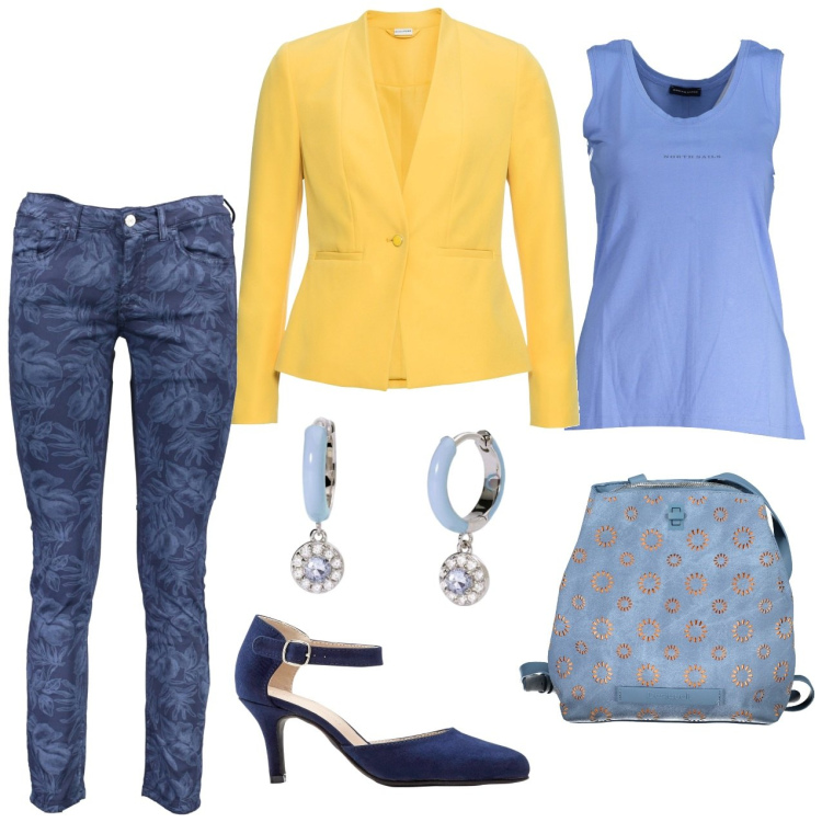 Outfit donna - In ufficio con allegria. Stile Trendy per Ufficio. Abbinamento con décolleté, blazer, orecchini, canottiere, pantaloni, zaini.