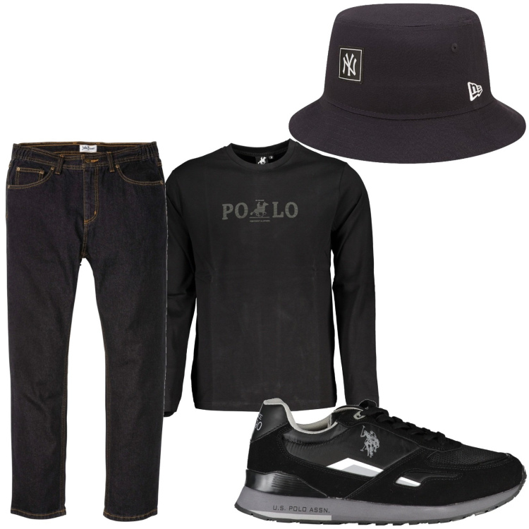 Outfit uomo - Total look #1866598. Stile Trendy per Serata speciale. Abbinamento con jeans dritti, cappelli, t-shirt, scarpe sportive.