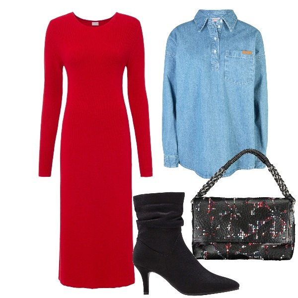 Outfit donna - Un po\' di colore. Stile Basic per Ufficio. Abbinamento con vestiti, stivaletti, camicie, borse a spalla.