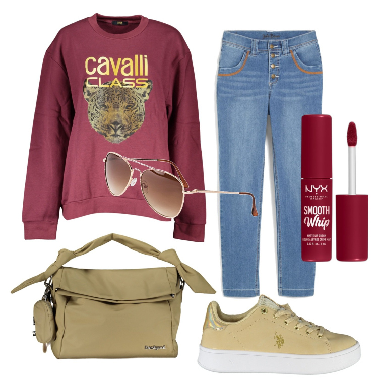 Outfit donna - Total look #1866660. Stile Urban per Tutti i giorni. Abbinamento con occhiali da sole, jeans dritti, rossetti, felpe, scarpe sportive, borse a spalla.