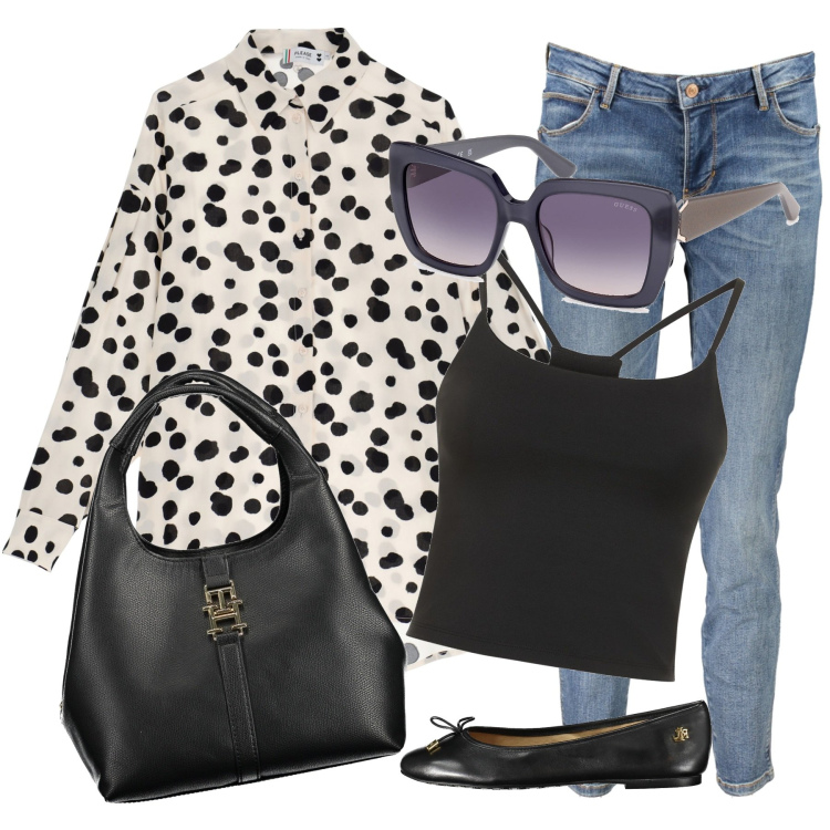 Outfit donna - Passeggiata di primavera. Stile Casual chic per Tutti i giorni. Abbinamento con camicie, canottiere, occhiali da sole, ballerine, borse a tracolla, jeans skinny.