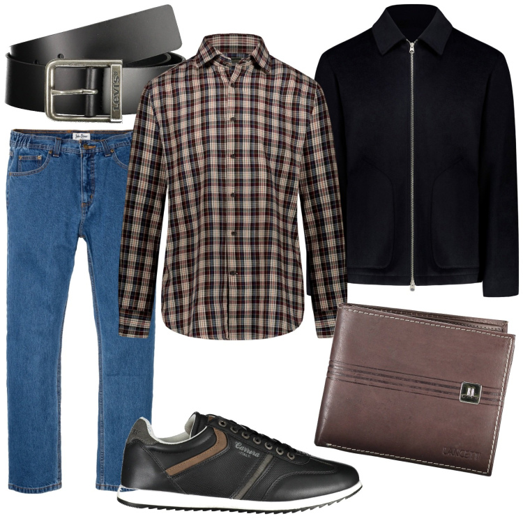 Outfit uomo - Serata con gli amici. Stile Trendy per Serata speciale. Abbinamento con jeans dritti, giacche, camicie, portafogli, cinture, scarpe sportive.