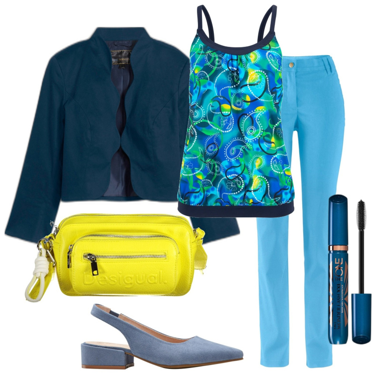 Outfit donna - In citta. Stile Casual per Tutti i giorni. Abbinamento con top, décolleté, blazer, pantaloni, mascara, borse a spalla.