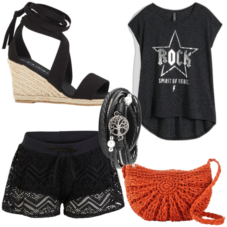 Outfit donna - Total look #1866713. Stile Rock per Tutti i giorni. Abbinamento con pantaloni corti, braccialetti, t-shirt, borse a tracolla, sandali.