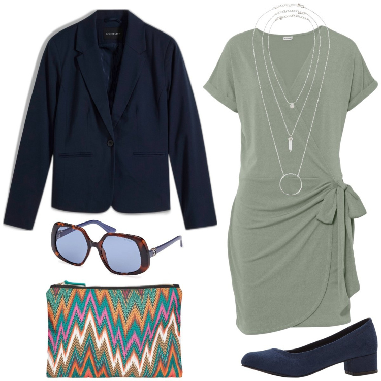 Outfit donna - In città. Stile Casual chic per Tutti i giorni. Abbinamento con ciondoli, blazer, vestiti, décolleté, pochette, occhiali da sole.