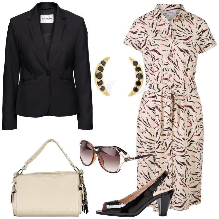 Outfit donna - Ufficio. Stile Minimal per Tutti i giorni. Abbinamento con blazer, occhiali da sole, vestiti, décolleté, orecchini, borse a spalla.