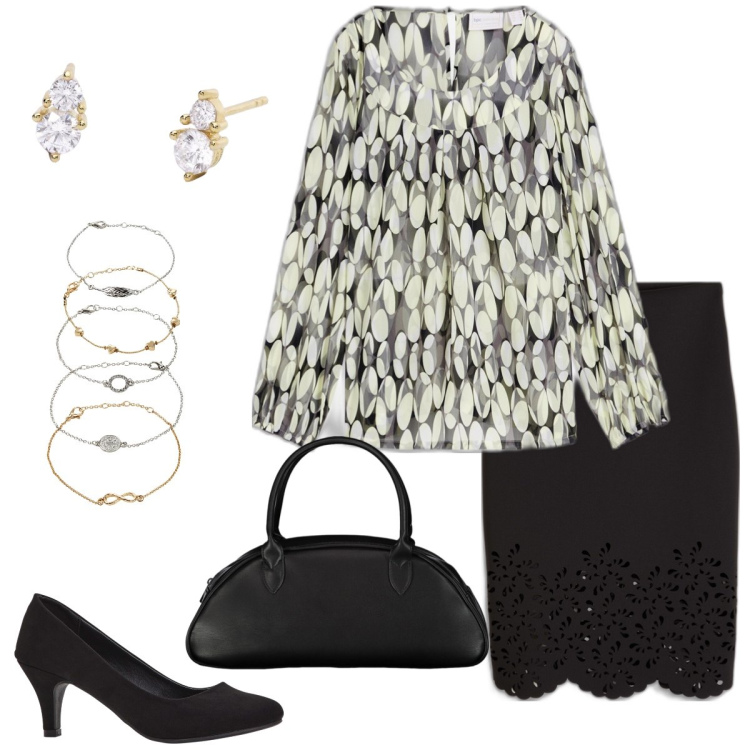 Outfit donna - Serata fuori. Stile Chic per Serata fuori. Abbinamento con bluse, braccialetti con ciondoli, décolleté, gonne, orecchini, borse a spalla.