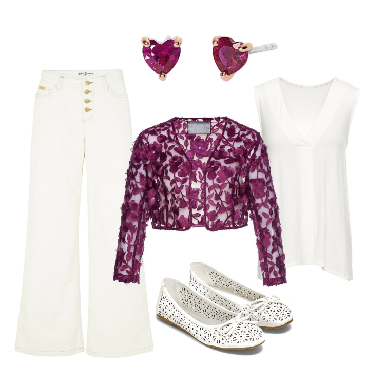 Outfit donna - Cuoricini. Stile Chic per Serata fuori. Abbinamento con top, bolero, ballerine, pantaloni, orecchini.
