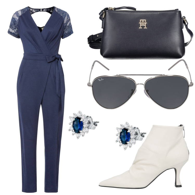 Outfit donna - Total look #1866865. Stile Chic per Cerimonia. Abbinamento con tute, stivaletti, orecchini, borse a tracolla, occhiali da sole.