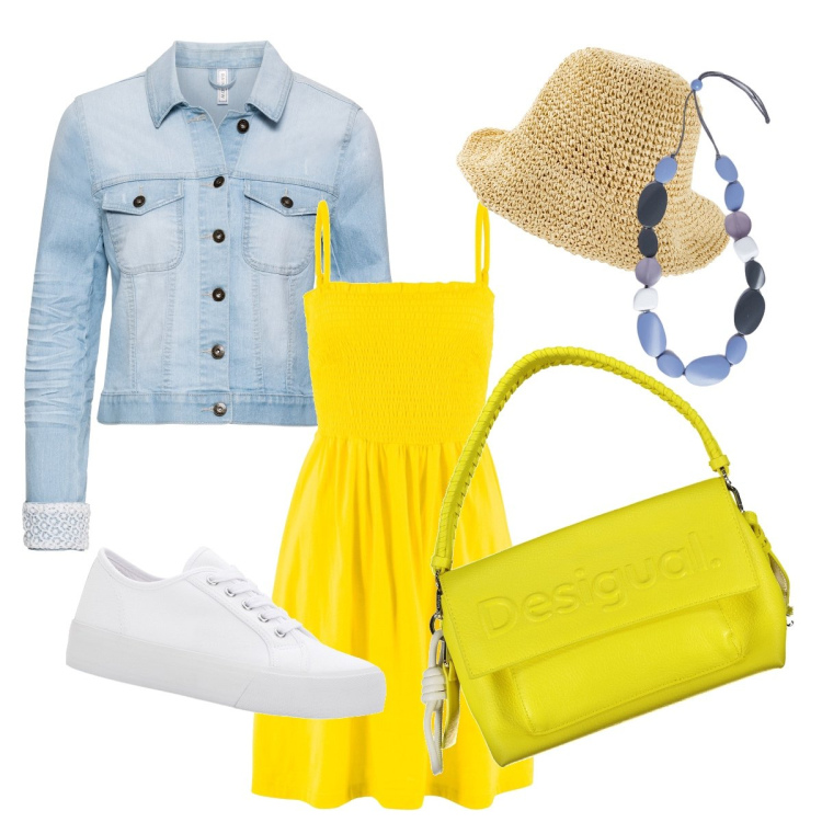 Outfit donna - Sun&Sky. Stile Casual per Tutti i giorni. Abbinamento con sneakers, blazer, vestiti, cappelli, borse a spalla, collane.