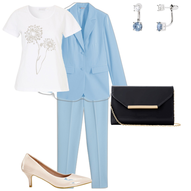 Outfit donna - Completo da cerimonia. Stile Bon Ton per Cerimonia. Abbinamento con t-shirt, blazer, décolleté, pochette, pantaloni, orecchini.