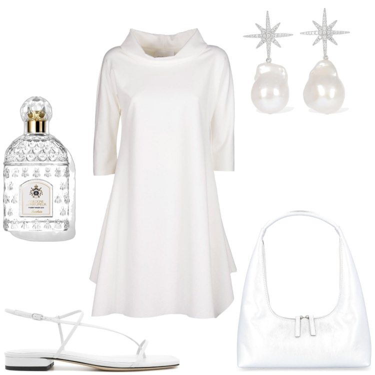 Outfit donna - In bianco giovanile. Stile Chic per Cerimonia. Abbinamento con profumi, vestiti, orecchini, sandali in pelle, borse a spalla.