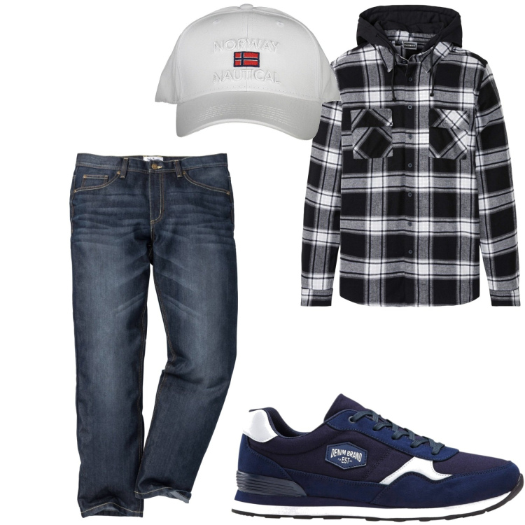 Outfit uomo - Total look #1866964. Stile Casual per Tutti i giorni. Abbinamento con jeans dritti, sneakers, camicie, cappelli con visiera.