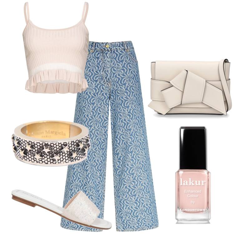 Outfit donna - La mini canotta e i maxi jeans. Stile Glamour per Tutti i giorni. Abbinamento con sandali in pelle, smalti, top, anelli, pantaloni, borse a spalla.