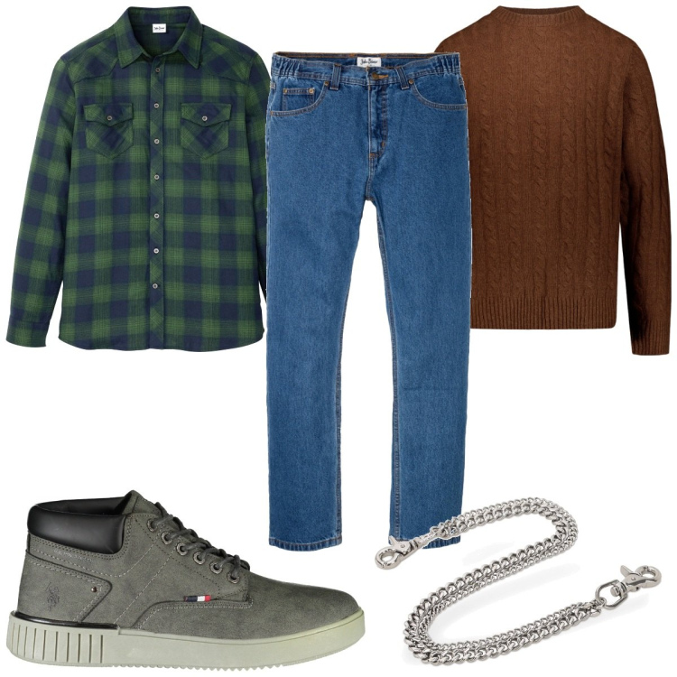 Outfit uomo - Total look #1866992. Stile Trendy per Tutti i giorni. Abbinamento con jeans dritti, camicie, maglieria, orologi, stivali.