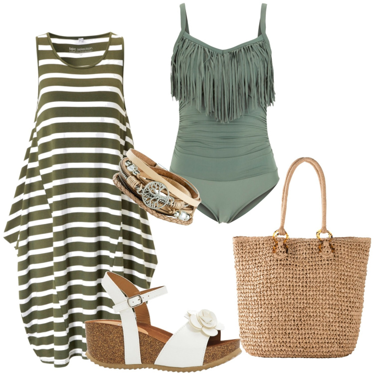Outfit donna - Destinazione spiaggia. Stile Boho per Mare. Abbinamento con sandali, braccialetti, costumi interi, vestiti midi/longuette, shopping bag.