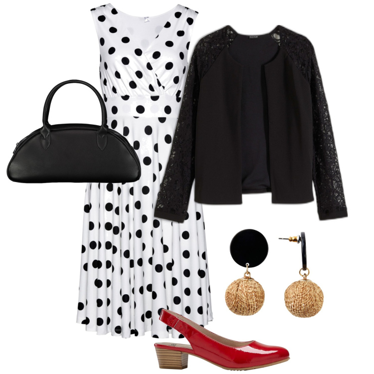 Outfit donna - Pois semi elegante. Stile Vintage retrò per Serata fuori. Abbinamento con blazer, décolleté, orecchini, vestiti, borse a spalla.