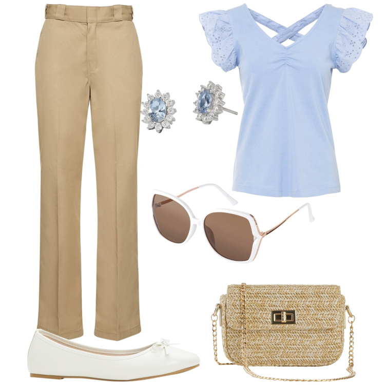 Outfit donna - Radiosa. Stile Chic per Tutti i giorni. Abbinamento con ballerine, orecchini, borse a mano, occhiali da sole, orecchini, pantaloni.