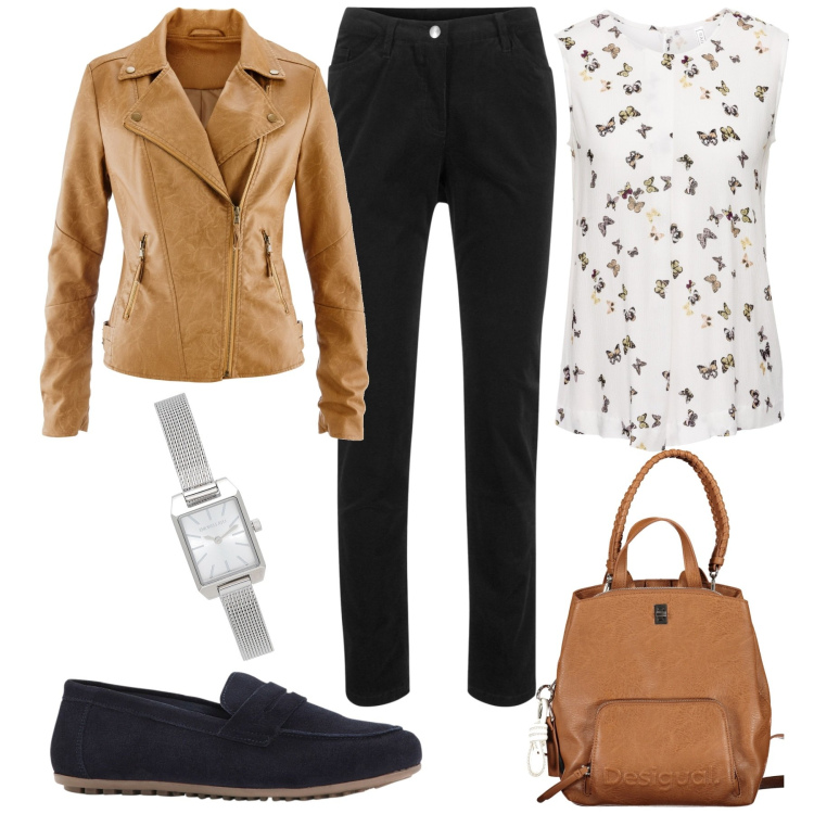 Outfit donna - In ufficio. Stile Casual chic per Ufficio. Abbinamento con pantaloni, top, mocassini, blazer, orologi, zaini.