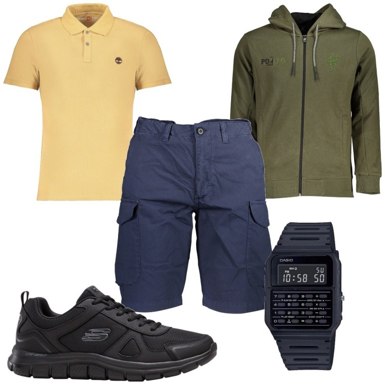 Outfit uomo - Total look #1867053. Stile Casual per Tutti i giorni. Abbinamento con sneakers, orologi, felpe con cappuccio, bermuda, polo.