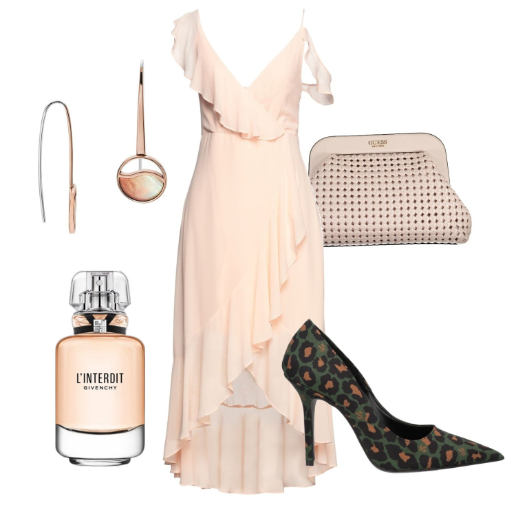 Outfit donna - Fiori di pesco. Stile Romantica per Cerimonia. Abbinamento con vestiti midi/longuette, décolleté, orecchini, profumi, borse a mano.