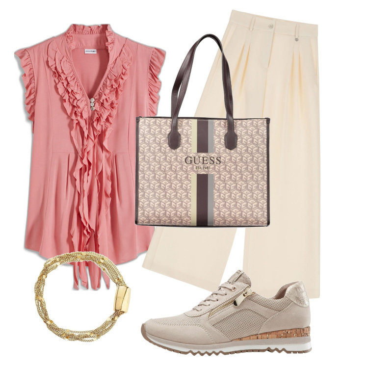 Outfit donna - Comodo e stiloso. Stile Casual chic per Tutti i giorni. Abbinamento con sneakers, maglieria, braccialetti, pantaloni a palazzo, borse a spalla.