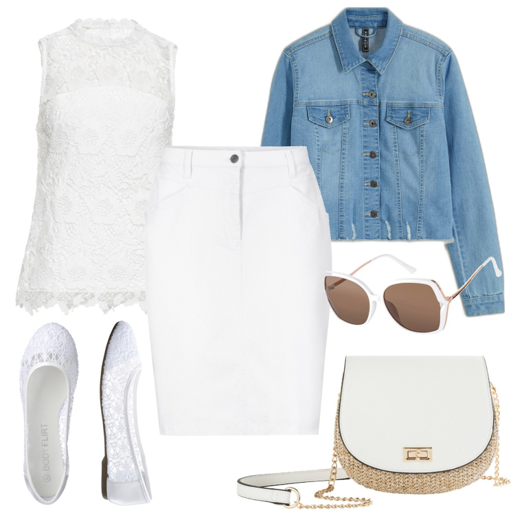 Outfit donna - Stile e comodità. Stile Casual chic per Tutti i giorni. Abbinamento con gonne, borse a tracolla, ballerine, top, blazer, occhiali da sole.
