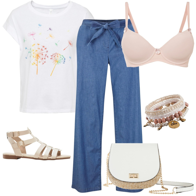 Outfit donna - Freschissima e sportiva. Stile Casual per Tutti i giorni. Abbinamento con t-shirt, braccialetti, pantaloni, sandali, reggiseni, borse a tracolla.