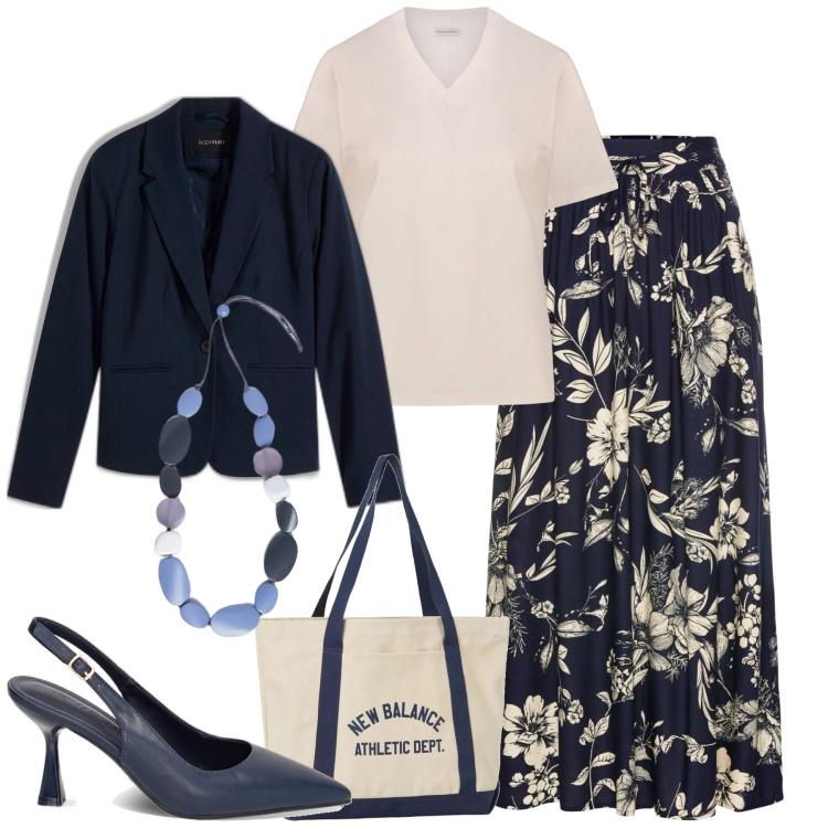 Outfit donna - Flower. Stile Casual chic per Tutti i giorni. Abbinamento con gonne lunghe, blazer, borse tote, décolleté, t-shirt, collane.