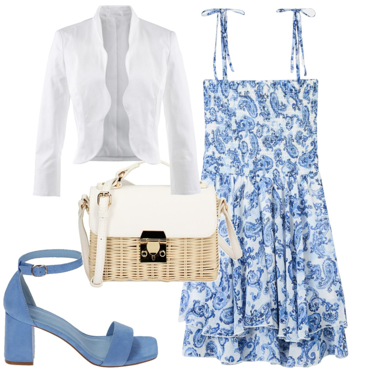 Outfit donna - Fru fru. Stile Romantica per Tutti i giorni. Abbinamento con blazer, vestiti, sandali col tacco, borse a tracolla.