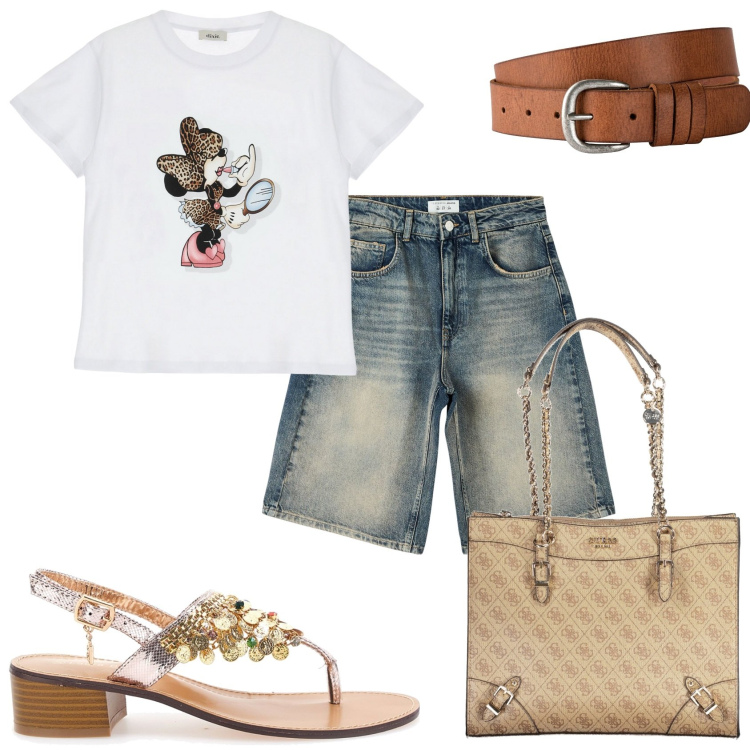 Outfit donna - Il bermuda e la maglietta. Stile Casual chic per Tutti i giorni. Abbinamento con cinture, bermuda, t-shirt, ciabatte, borse a spalla.
