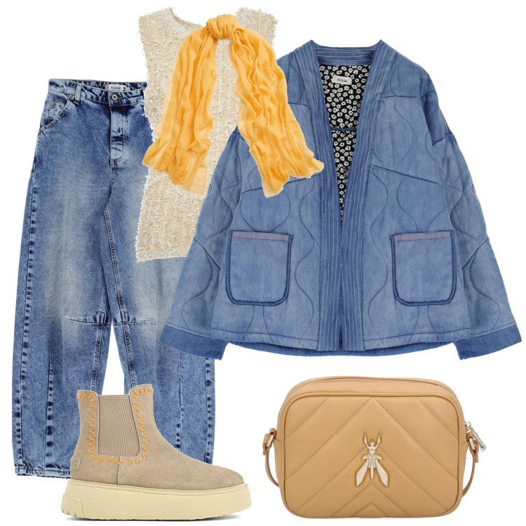 Outfit donna - Total look #1867181. Stile Boho per Tutti i giorni. Abbinamento con jeans, blazer, sciarpe, stivaletti, top, borse a tracolla.