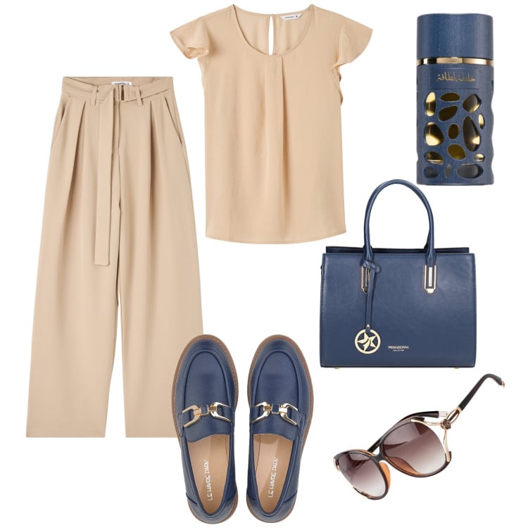 Outfit donna - Ufficio navy & cappuccino. Stile Glamour per Ufficio. Abbinamento con occhiali da sole, profumi, bluse, pantaloni, borse a mano, mocassini.