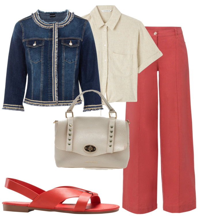 Outfit donna - City. Stile Casual chic per Tutti i giorni. Abbinamento con pantaloni a palazzo, blazer, sandali, camicie a manica corta, borse a mano.