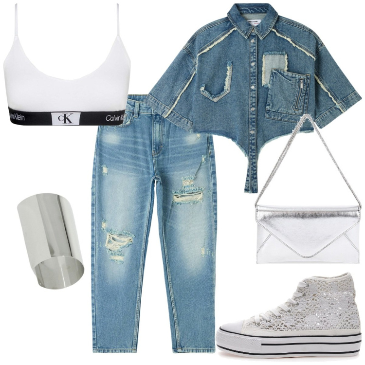 Outfit donna - Denim in stile sportivo. Stile Casual per Tutti i giorni. Abbinamento con camicie a manica corta, jeans mom, pochette, braccialetti, sneakers, bralette.