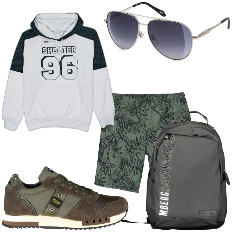 Outfit uomo - Sportivo in viaggio. Stile Casual per Tutti i giorni. Abbinamento con pantaloni corti, occhiali da sole, borse sportive, felpe con cappuccio, scarpe sportive.