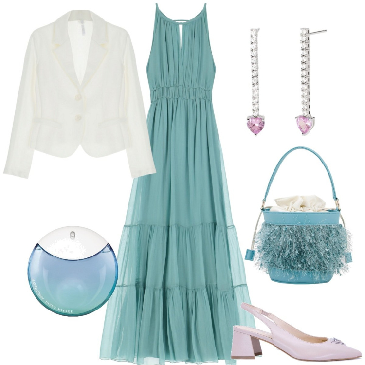 Outfit donna - Tonalità dolci e sognanti. Stile Romantica per Cerimonia. Abbinamento con profumi, orecchini, blazer, vestiti lunghi, borse a secchiello, décolleté.
