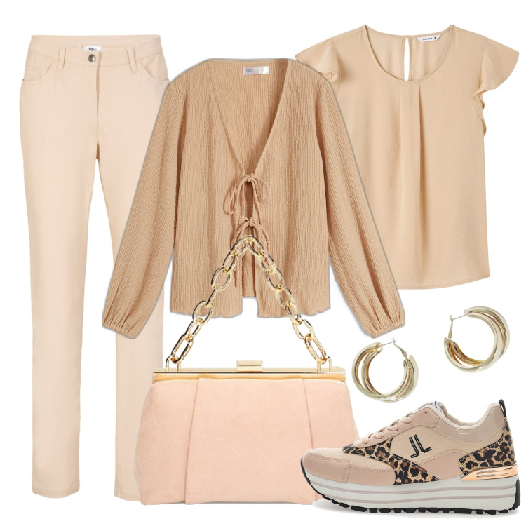 Outfit donna - Toni delicati. Stile Casual per Tutti i giorni. Abbinamento con pantaloni, cardigans, bluse, orecchini, borse a spalla, sneakers.