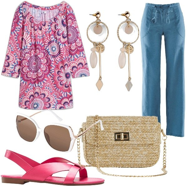 Outfit donna - Un\'estate leggera by bonprix. Stile Casual chic per Tutti i giorni. Abbinamento con maglieria, orecchini, pantaloni a palazzo, sandali, borse a mano, occhiali da sole.