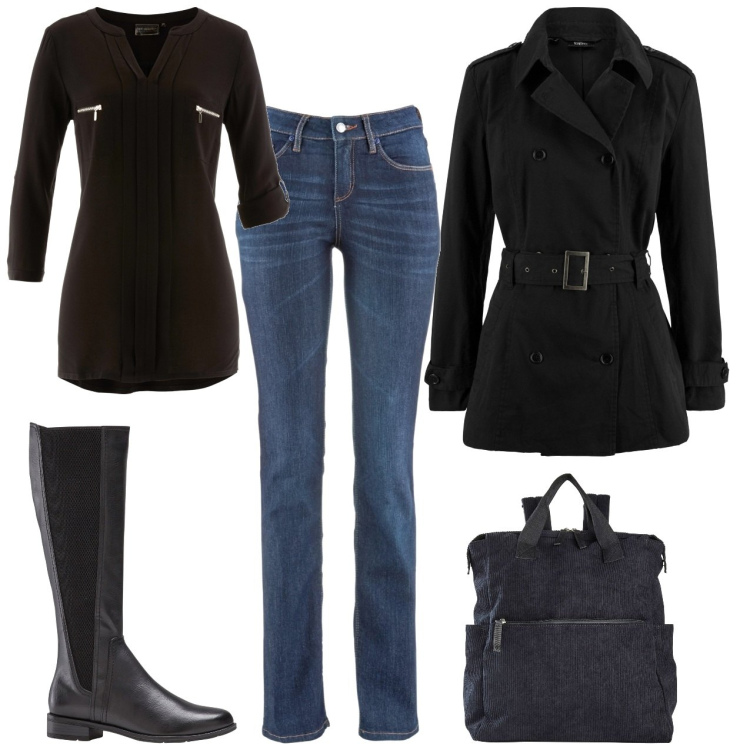 Outfit donna - In metropolitana. Stile Casual per Tutti i giorni. Abbinamento con jeans dritti, zaini, tuniche, trench, stivali sopra il ginocchio.