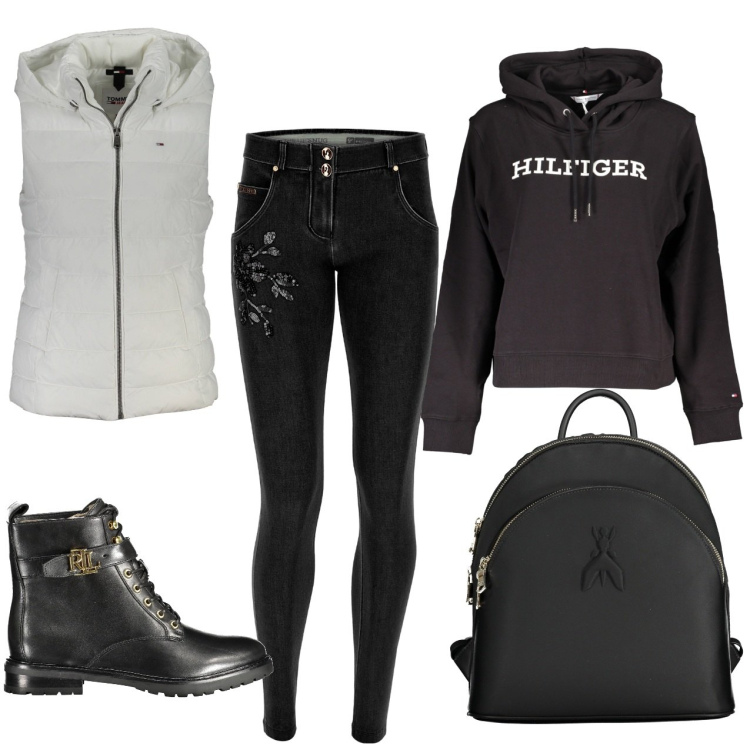 Outfit donna - A caccia di saldi. Stile Casual per Tutti i giorni. Abbinamento con jeans skinny, stivali, blazer, zaini, felpe con cappuccio.