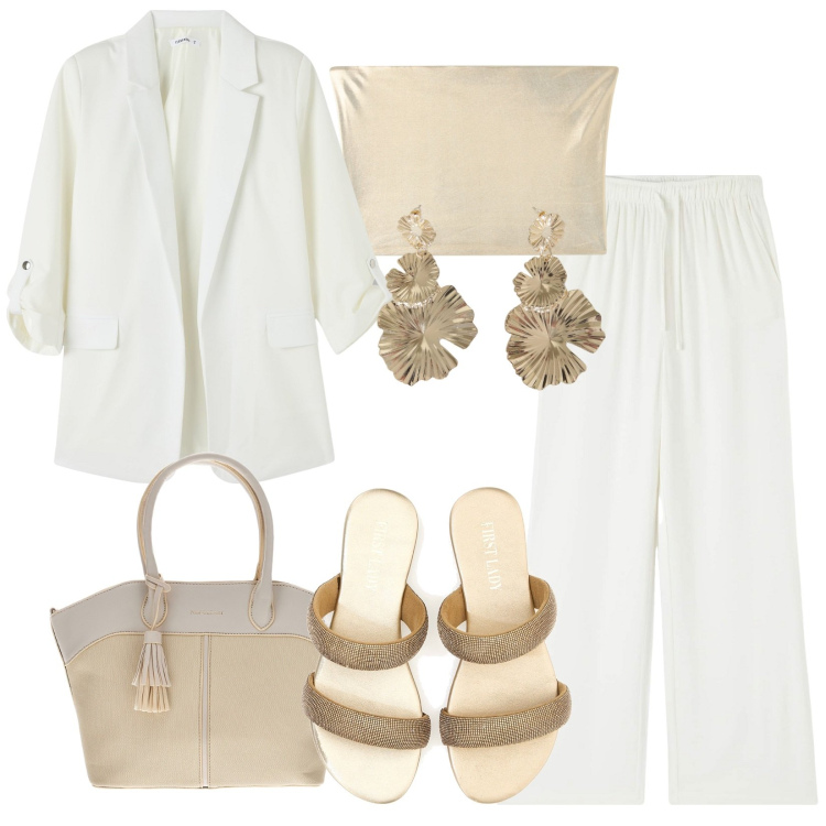 Outfit donna - Un regalo per te. Stile Casual chic per Serata fuori. Abbinamento con pantaloni, blazer, top, orecchini, ciabatte, borse a spalla.