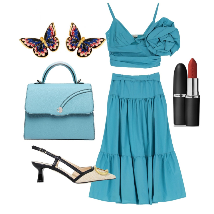 Outfit donna - Ghost outfitter - maggio. Stile Glamour per Serata fuori. Abbinamento con orecchini, rossetti, sandali in pelle, gonne lunghe, top, borse a mano.