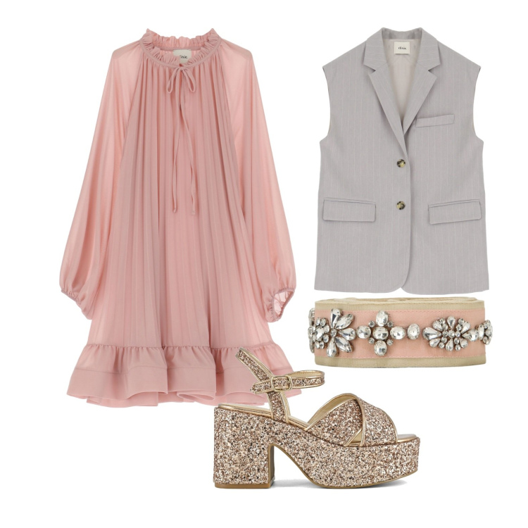 Outfit donna - Ghost outfitter - maggio. Stile Glamour per Cerimonia. Abbinamento con vestiti corti, cinture, gilet, sandali.