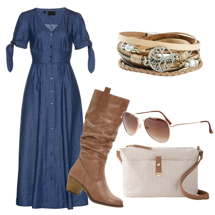 Outfit donna - Total look #1867273. Stile Sporty chic per Tutti i giorni. Abbinamento con stivali, braccialetti, occhiali da sole, vestiti, borse a tracolla.