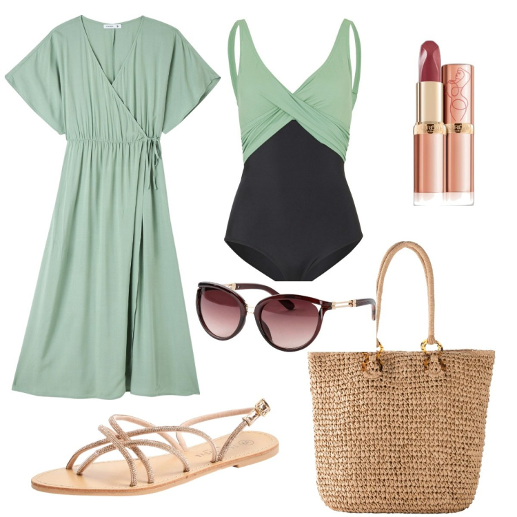 Outfit donna - Vogliadimare. Stile Glamour per Mare. Abbinamento con costumi interi, occhiali da sole, shopping bag, rossetti, vestiti lunghi, sandali.