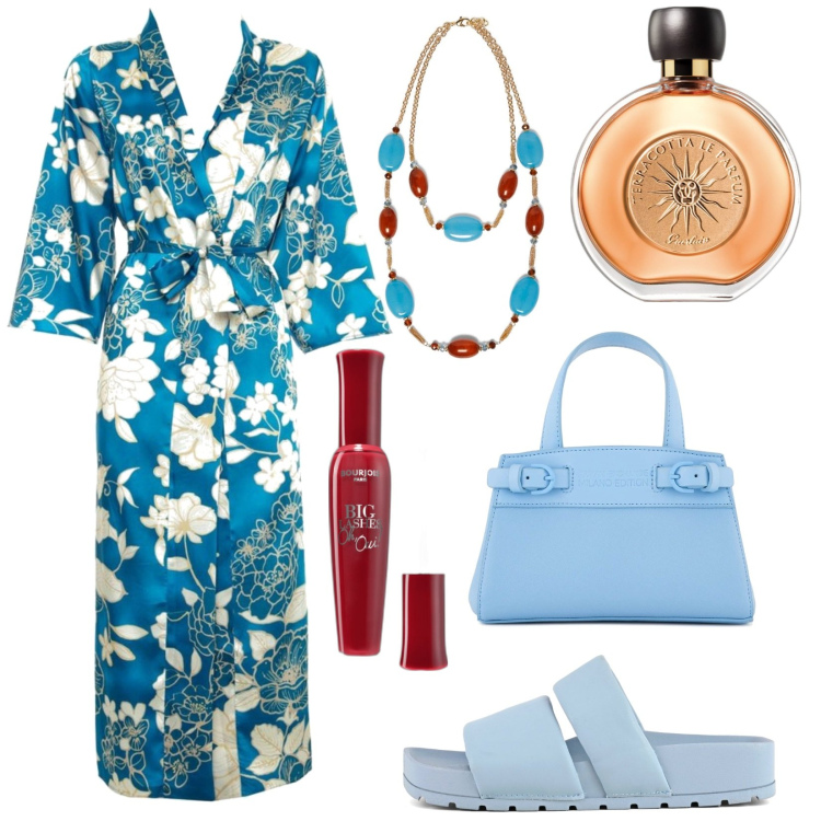 Outfit donna - Sol levante. Stile Etnico per Tutti i giorni. Abbinamento con mascara, profumi, borse tote, ciabatte, vestiti, collane.
