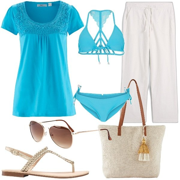 Outfit donna - bonprix estate. Stile Casual chic per Mare. Abbinamento con maglieria, pantaloni a palazzo, ciabatte, occhiali da sole, bikini, shopping bag.