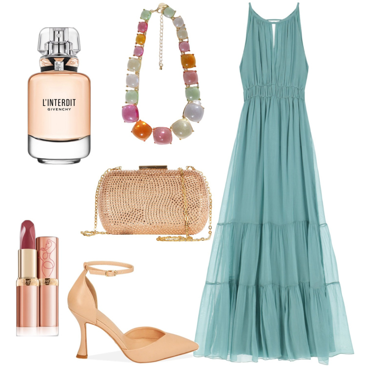 Outfit donna - Matrimoni... Stile Chic per Cerimonia. Abbinamento con profumi, rossetti, clutch, décolleté, vestiti lunghi, collane.