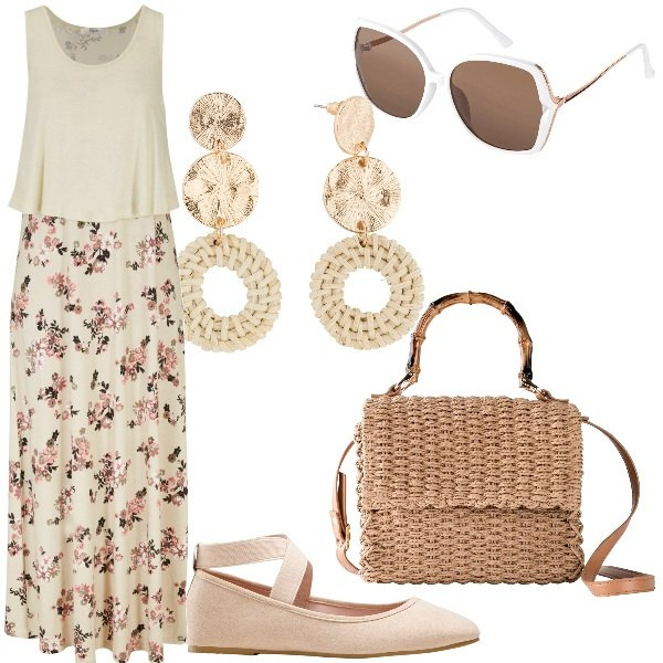 Outfit donna - Un\'estate leggera by bonprix. Stile Romantica per Tutti i giorni. Abbinamento con vestiti lunghi, orecchini, borse a mano, occhiali da sole, ballerine.